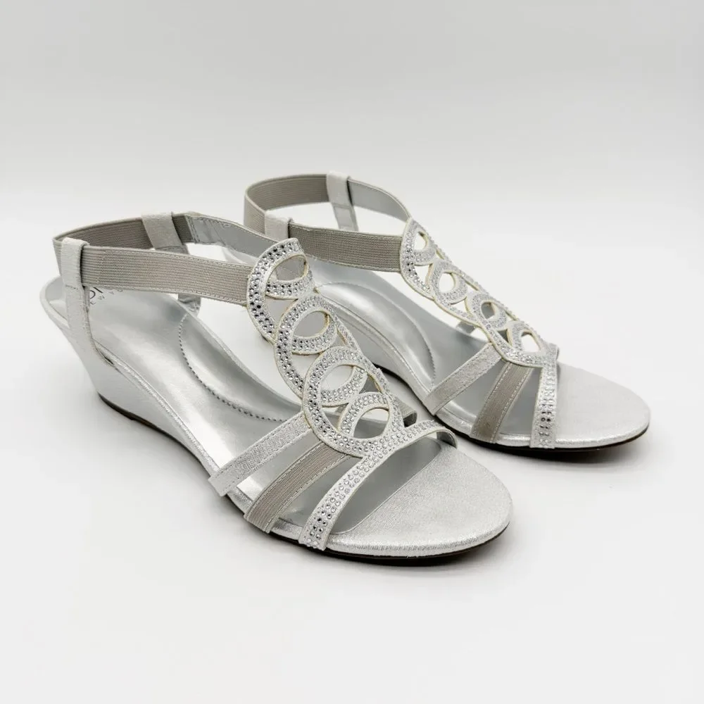 Jones New York Denice Strappy Bling Wedge Sandals Elastic Ankle Silver 7.5 NEW